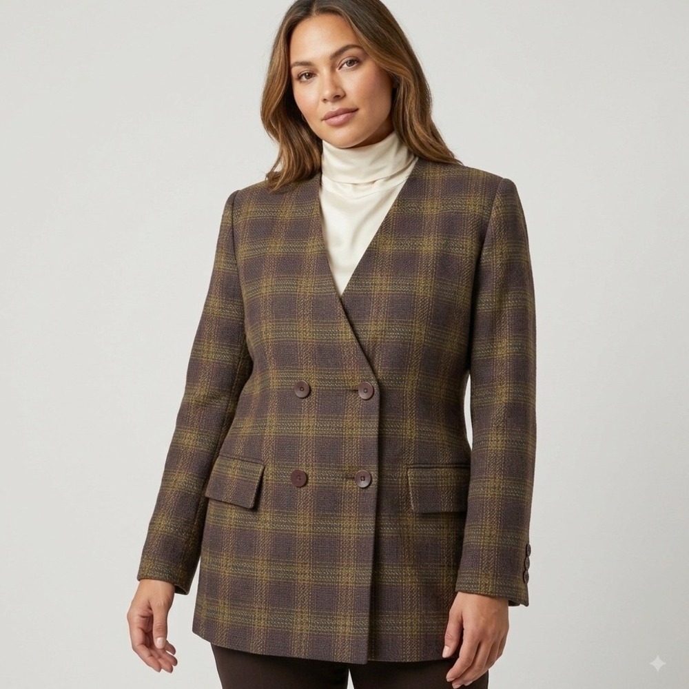 Casual Corner Blazer Women 4 Brown Plaid 100% Wool Double‎ Breasted Vintage